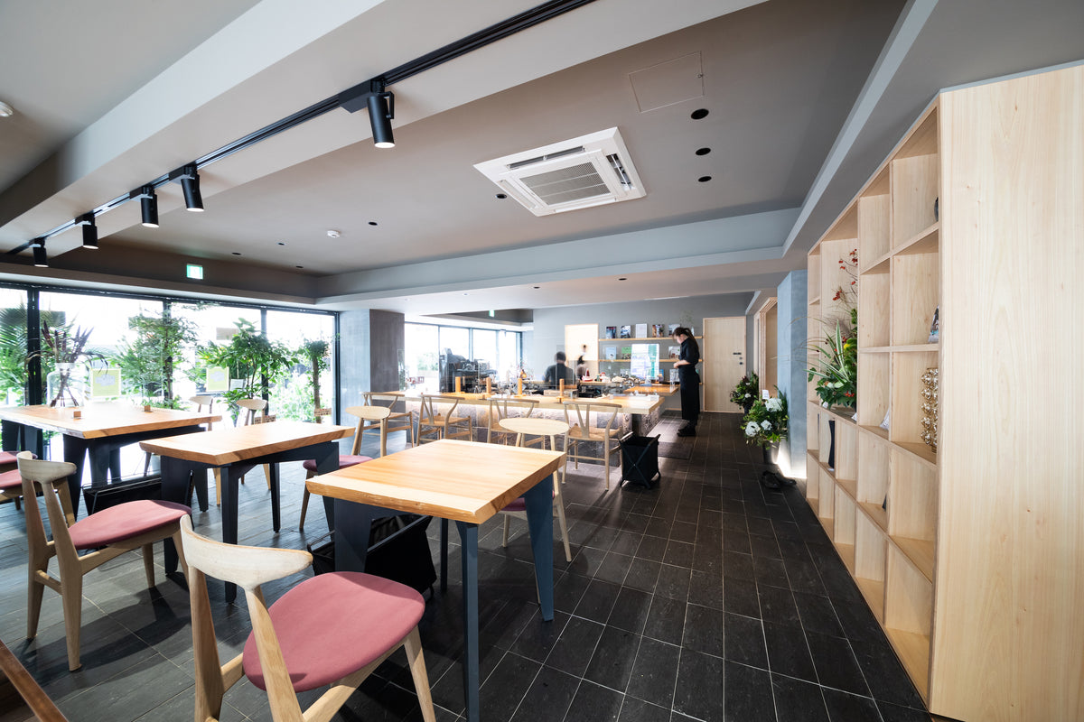 ダイニングテーブル。人あり全景。スギ一枚板。イチョウ一枚板。SEIRYU CAFE。事例写真。