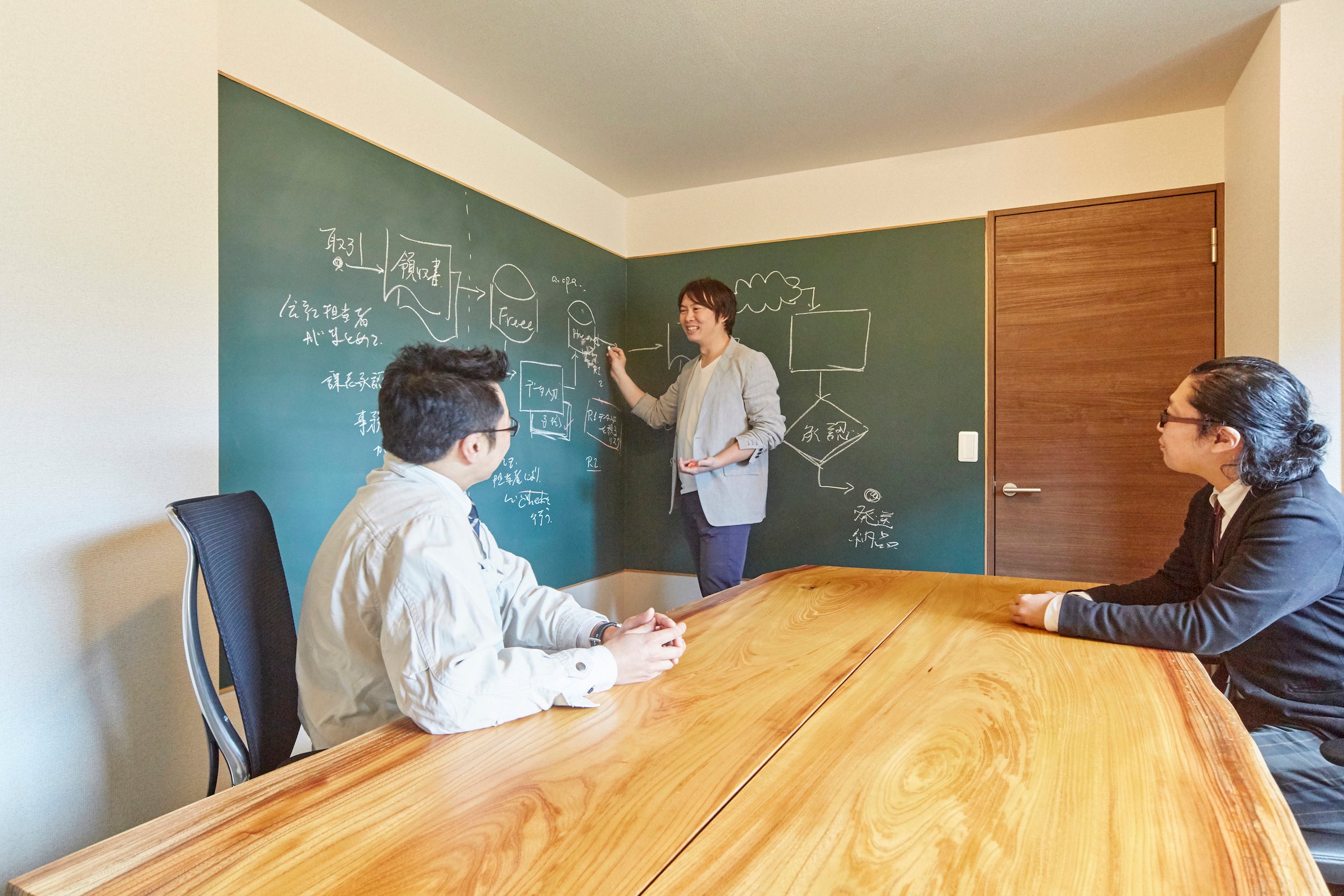 会議テーブル。ケヤキ一枚板。人あり。オーダーメイド家具事例写真。